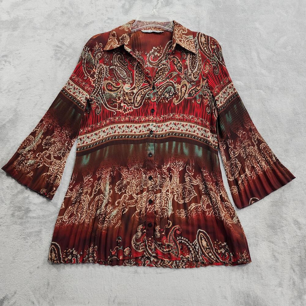Vintage Signature By Larry Levine Top Womens L Red Brown Paisley Bell Sleeve